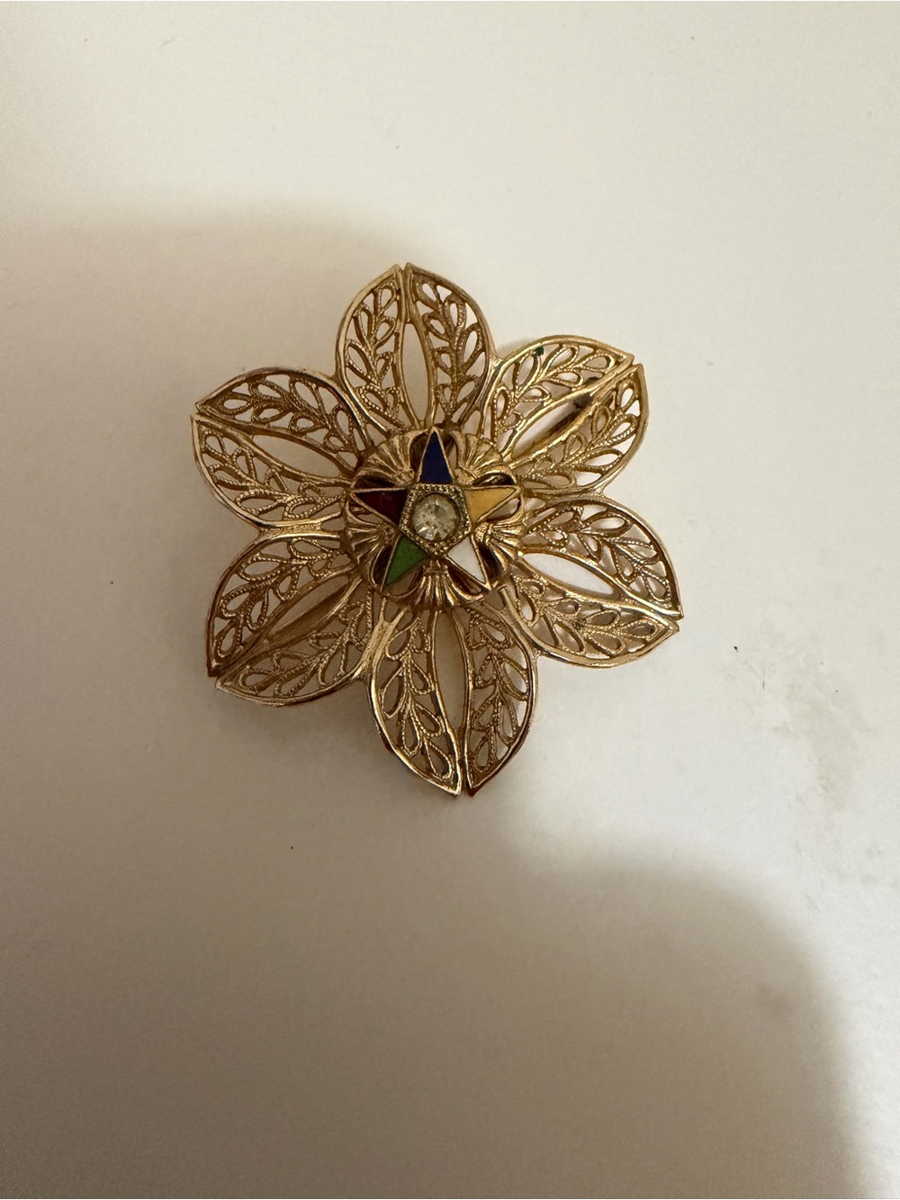 VINTAGE Masonic Eastern Star Brooch Pin Flower Rhinestones Gold Tone 1.88"